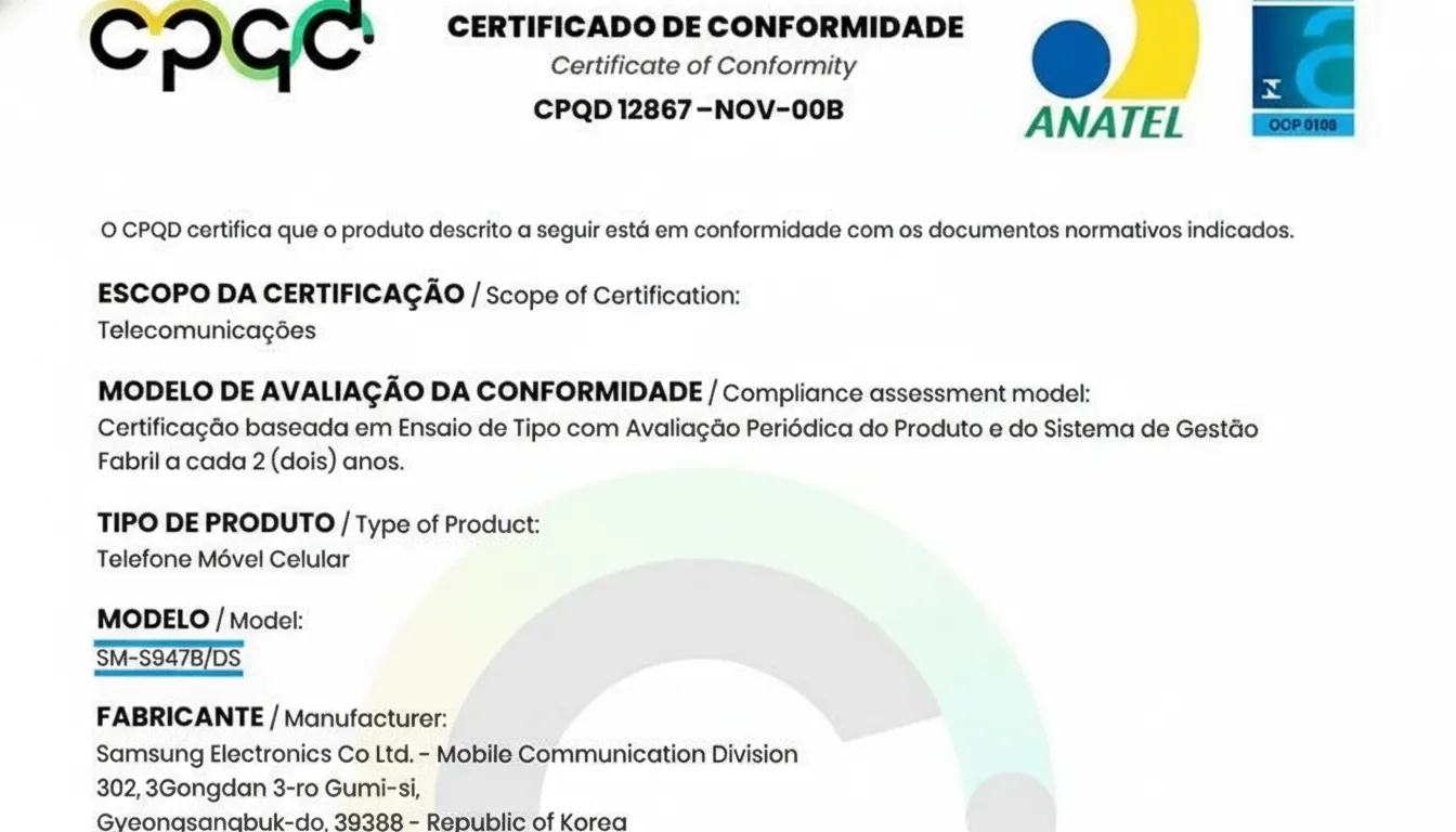 Certificação Galaxy S26 Plus - Clique para ver mais detalhes Certificação Galaxy S26 Plus